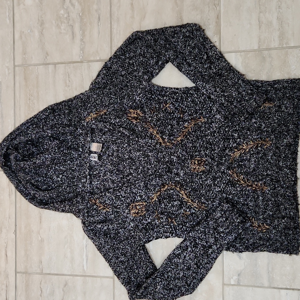 BKE Hoodie Sweater Marled Knit Pullover Hooded Gray Black Brown Medium Buckle